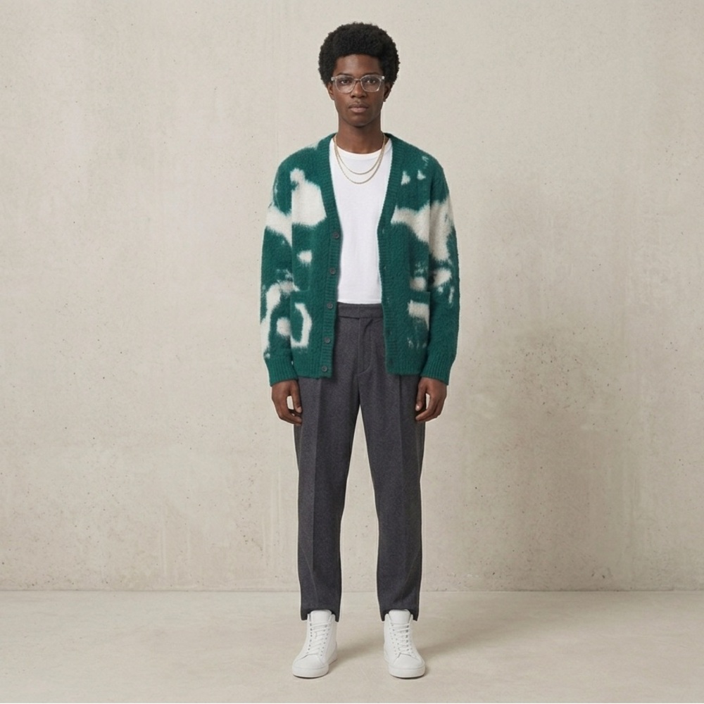 OBEY Green White Abstract Intarsia Fuzzy Knit Cardigan Sweater Size S